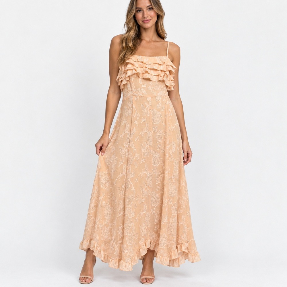 If By Sea Los Angeles Peach Floral Jacquard Ruffle Maxi Dress XS